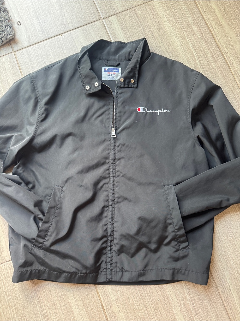 Champion Black Lightweight Zip Windbreaker with Embroidered Logo